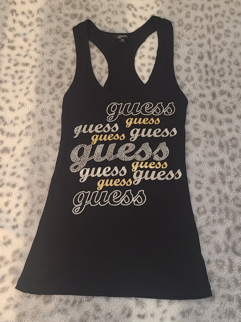 GUESS Black Racerback Tank with Silver and Gold Script Logos- Size MEDIUM